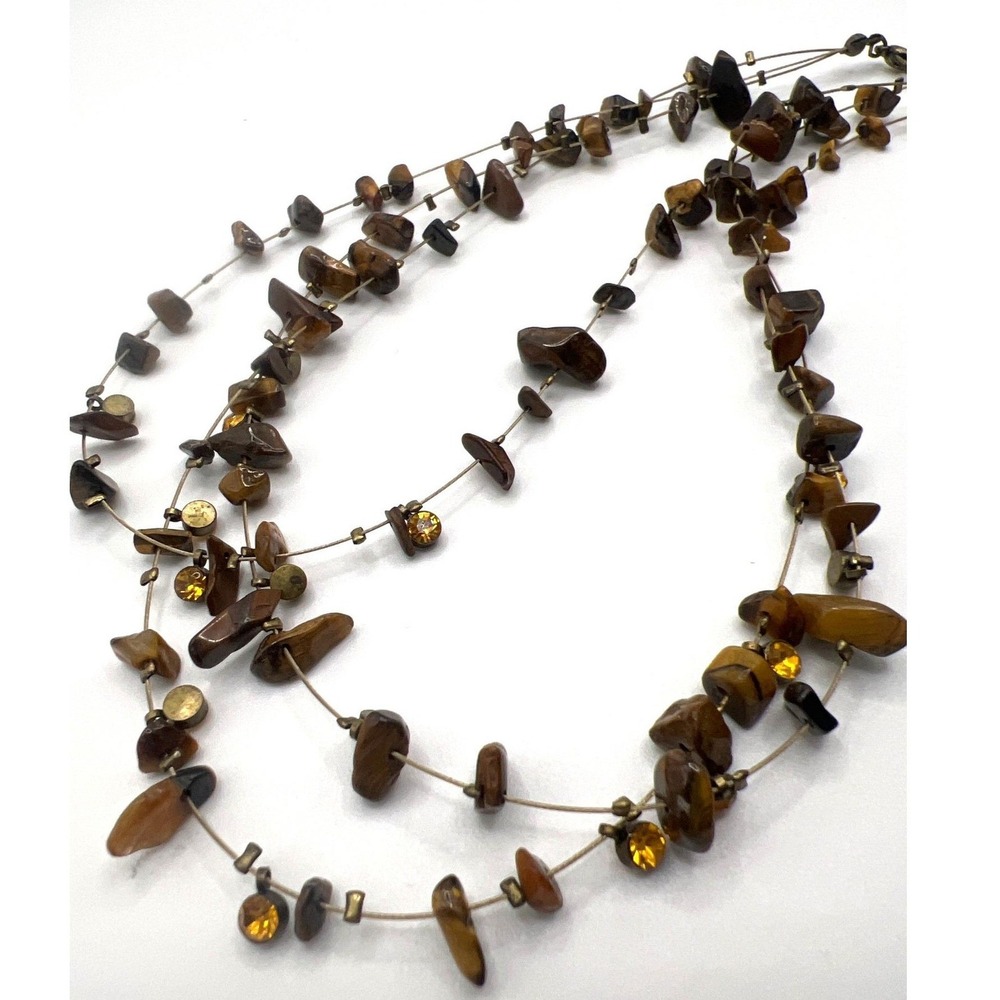 Tiger Eye Illusion 18" Necklace Golden Rhinestones Copper Tone Wire Statement